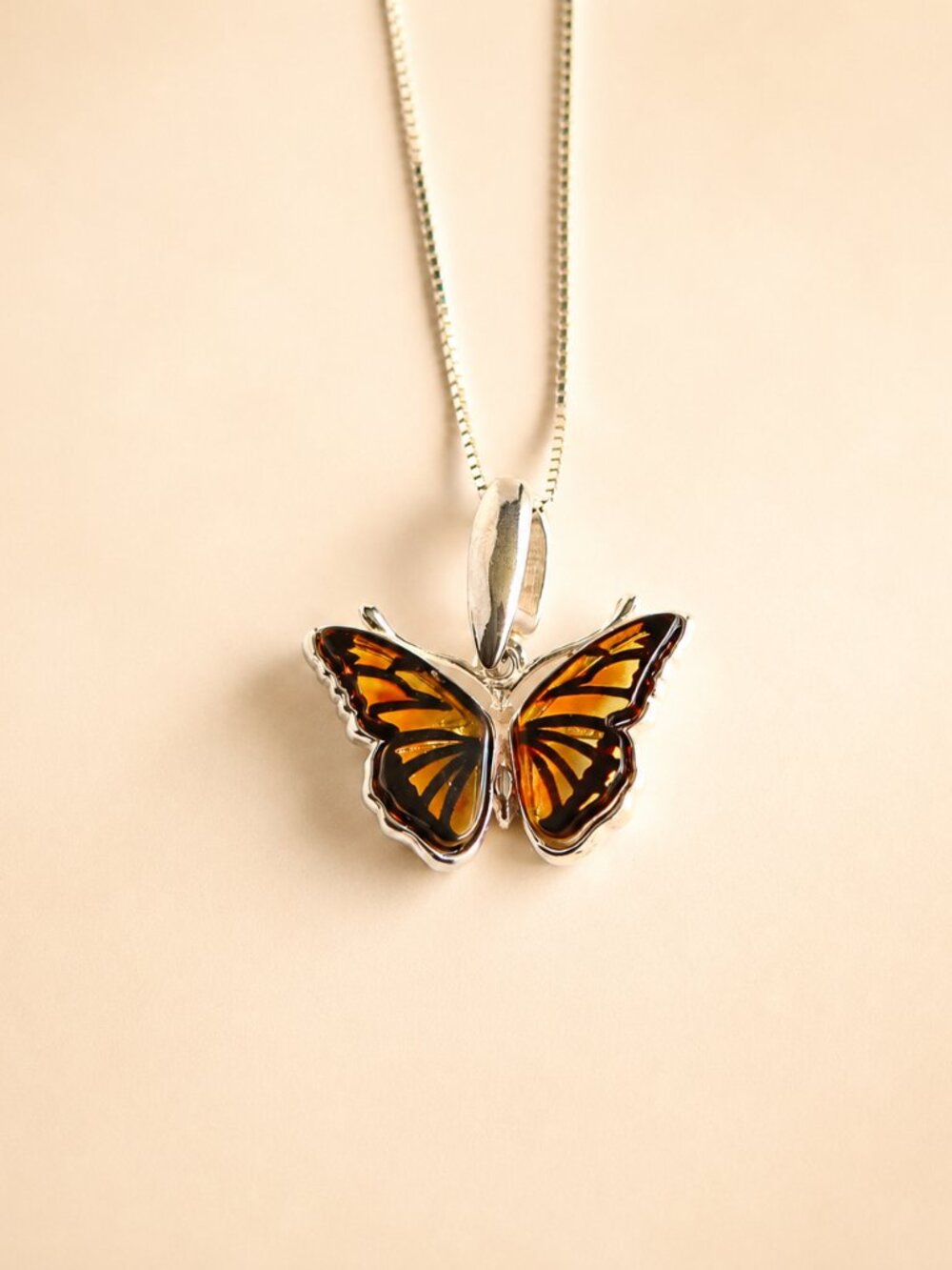 Baltic Amber Butterfly Necklace in Sterling Silver